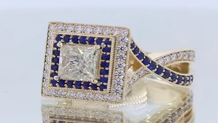 Custom Yellow Gold Diamond and Sapphire Engagement Ring