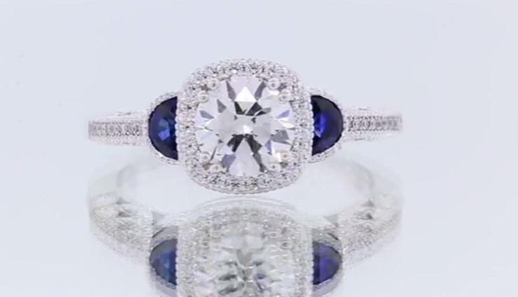 Custom Antique Style Diamond and Sapphire Engagement Ring
